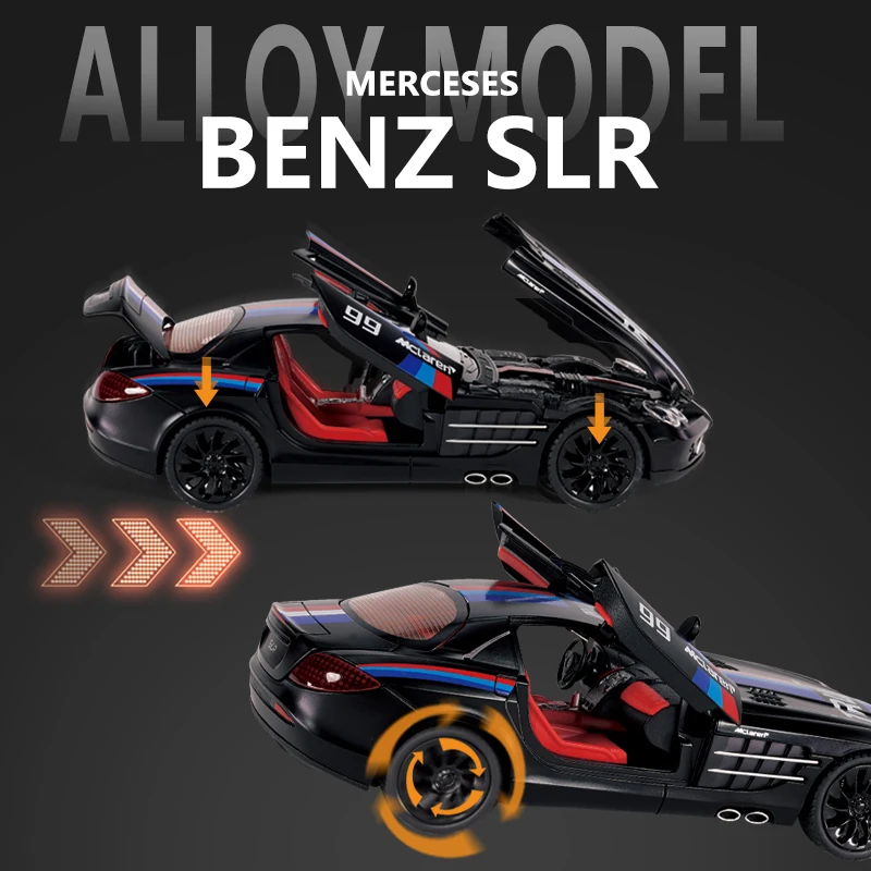 1:24 mercedes-benz slr liga modelo de carro som e luz puxar para trás brinquedo infantil colecionável presente de aniversário