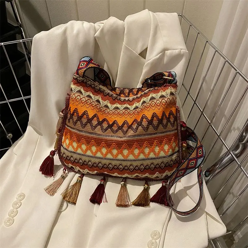 Vintage Women\'s Bag Tassel Ethnic Handwoven Crossbody for Lady Bag Hippie Sling Shoulder Bags for Ladies Handbag Сумка Женская