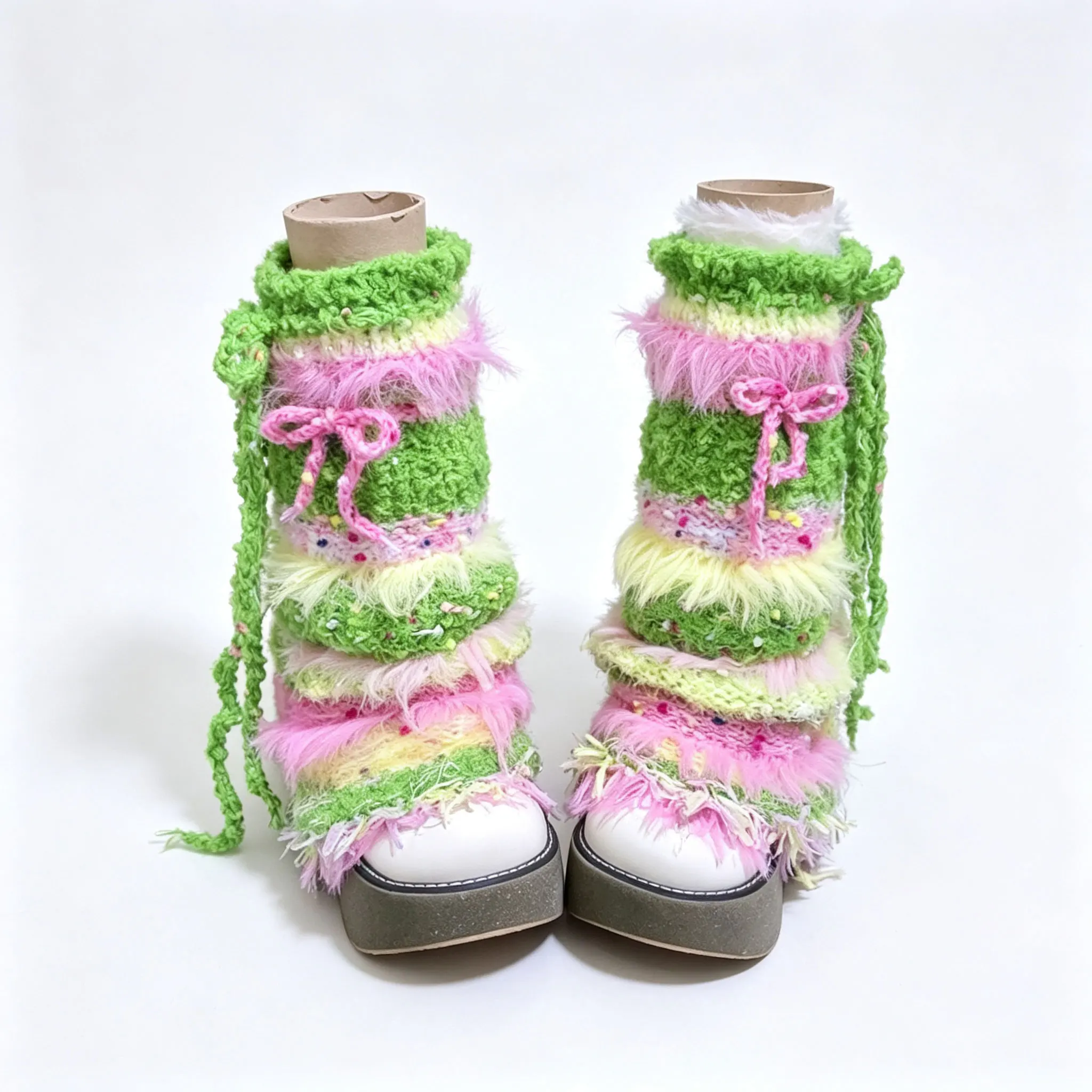 Handmade Green Pink Rainbow Bow Leg Warmers Women Custom Crochet Plush Knit Leg Cover Girls Winter Forest Kawaii Sweet Accessory