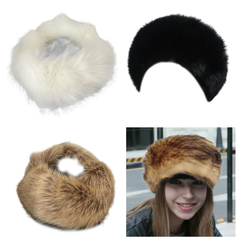 

Winter Furry Faux Fur Russian Hat Women Thick Warm Plush Headband Adult Teens Cold Weather Outdoor Activity Windproof Riding Hat