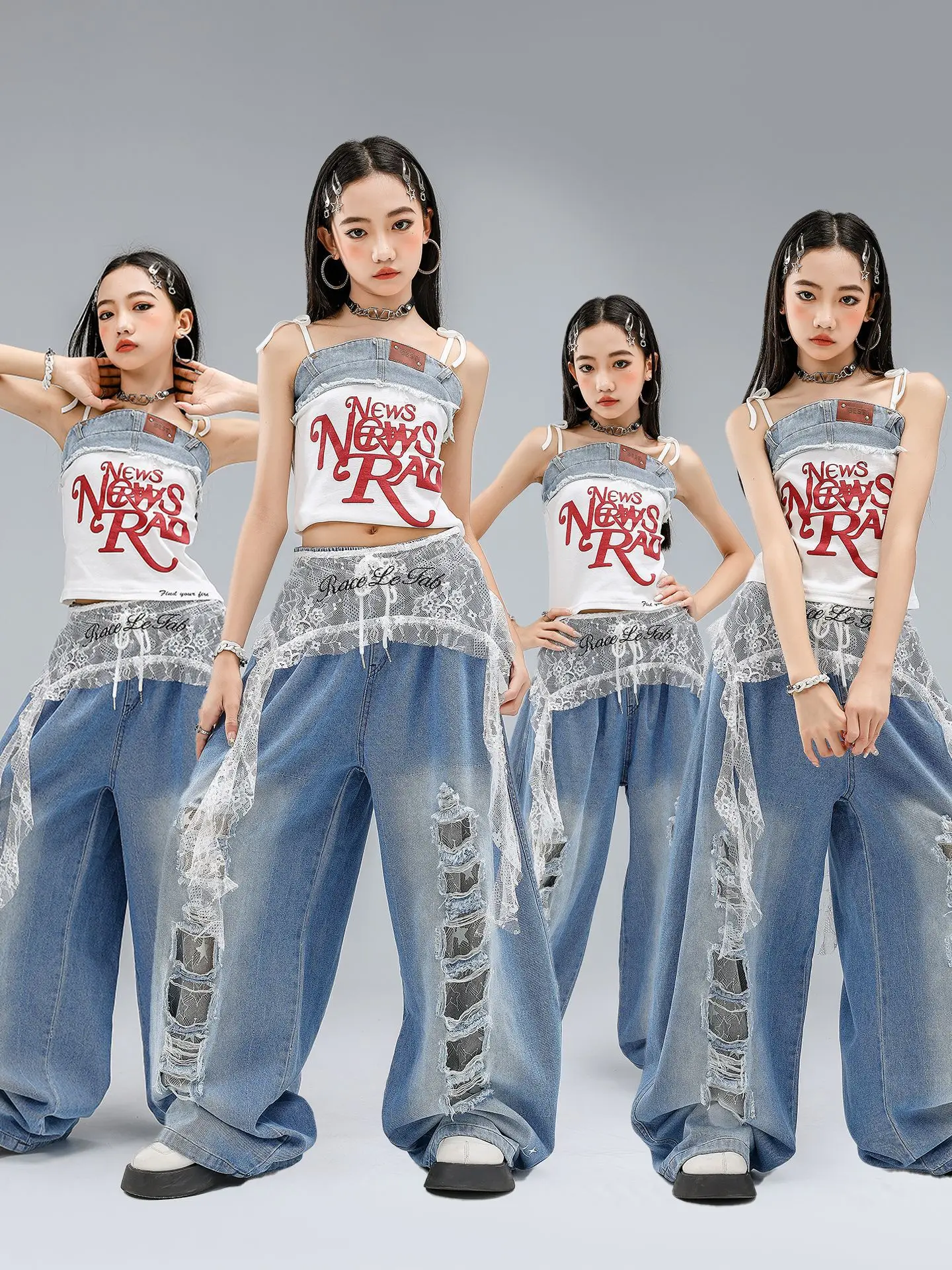 Girls Hip Hop Crop Tank Top Ripped Jeans Kids K-pop Cami Top Denim Pants Street Dance Clothes Sets Children Girl Group Costumes
