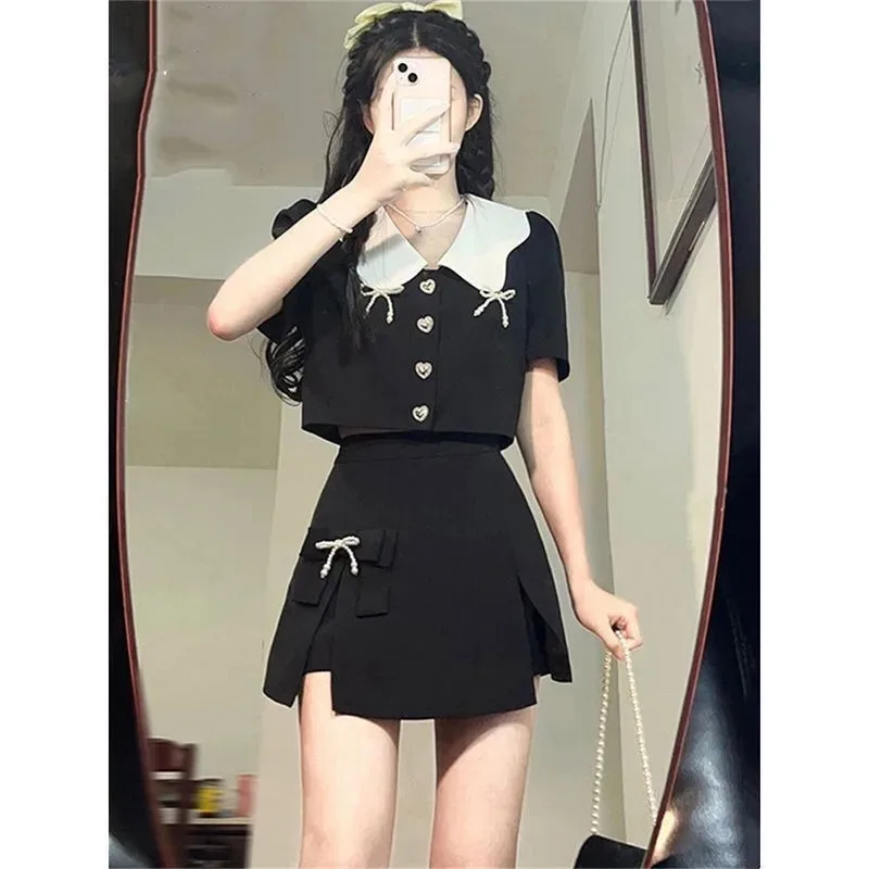 Academy Korean Doll Neck Top Skirt Two-piece Set Women Bow Heart Button Sweet Detachable Bow Slim Spicy Spring Fashion Lady Suit