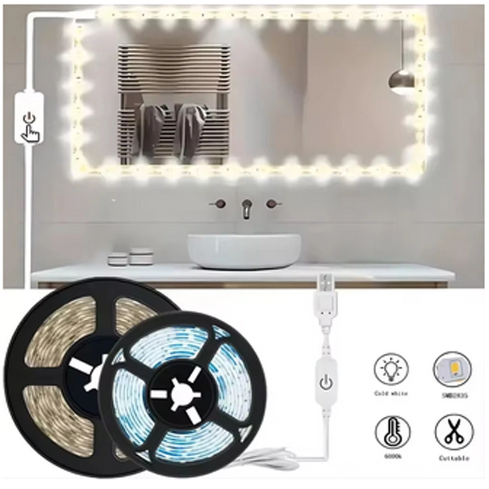 5V 2835 LED Strip Light Touch Sensor Switch Dimmable USB Flexible LED Tape Ribbon Light For Mirror Cabinet Stair Decor Lighting