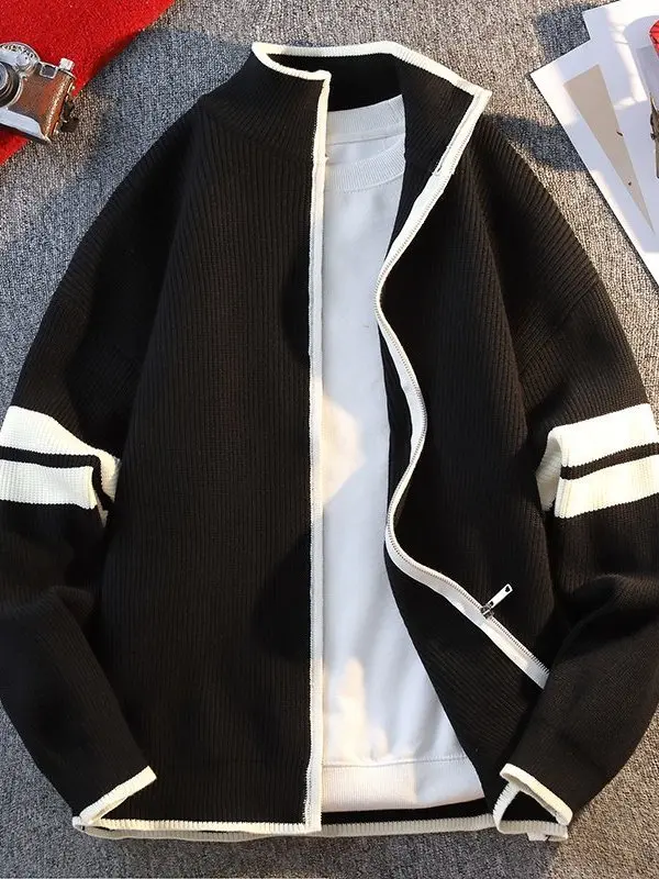 

Мужской вязаный кардиган премиум-класса с воротником-стойкой на молнии, в черную полоску, повседневный, универсальный, комфортный, средней плотности, с длинными рукавами