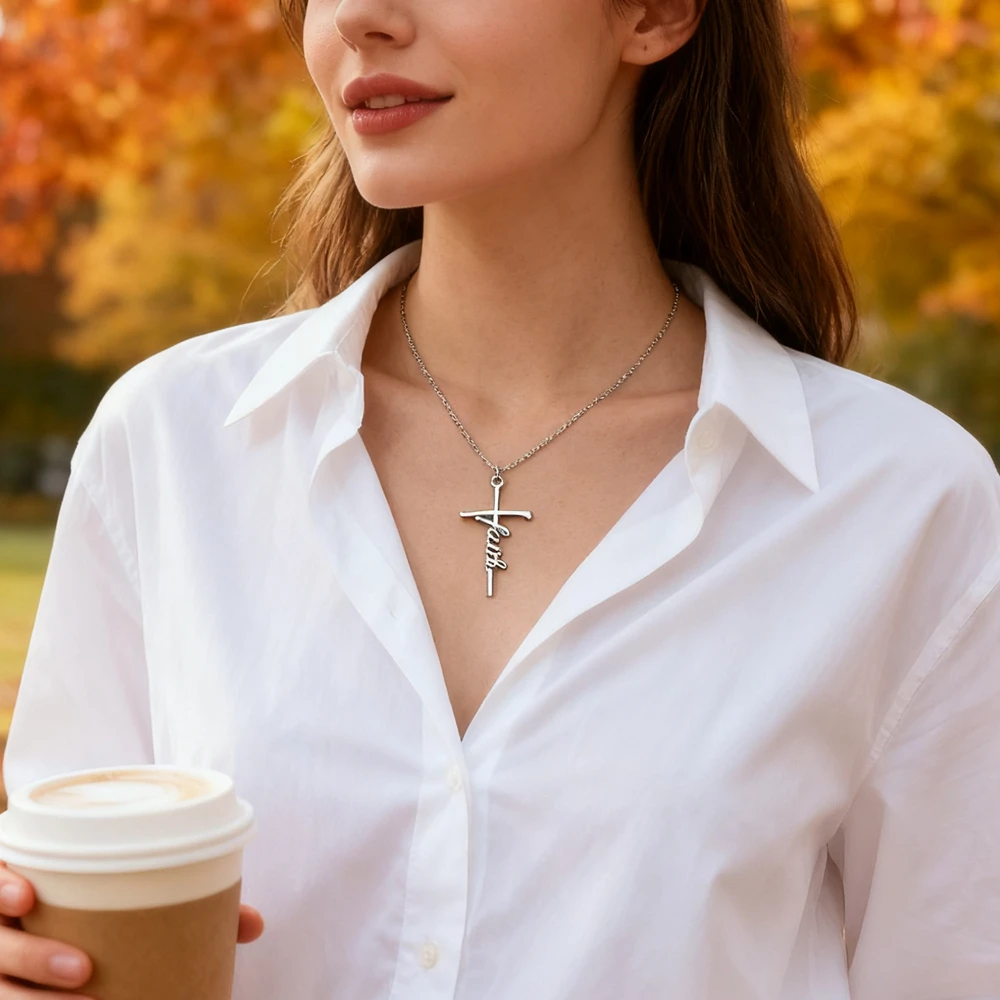 MOONXUAN Silver Plated Alloy Faith Cross Pendant Necklaces Trendy Letter Gift with Card Power Reminder Jewelry