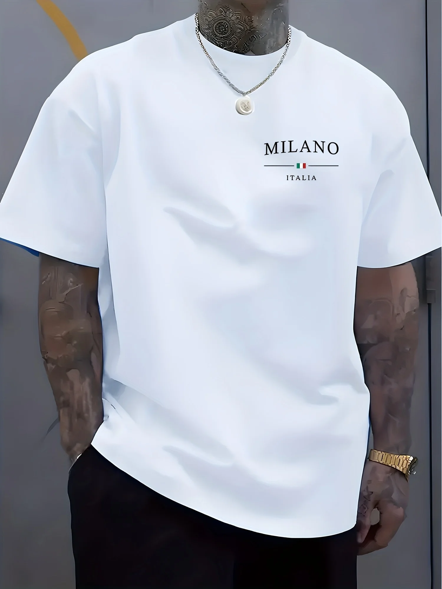 Men's Light Beige Milano Italy Logo Print T-Shirt