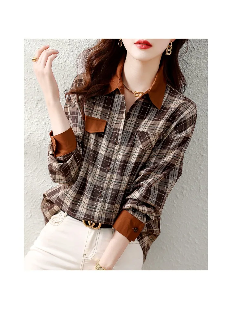 Autumn 2022 new autumn checkered patchwork contrasting loose classic plaid long sleeved versatile shirt women tops