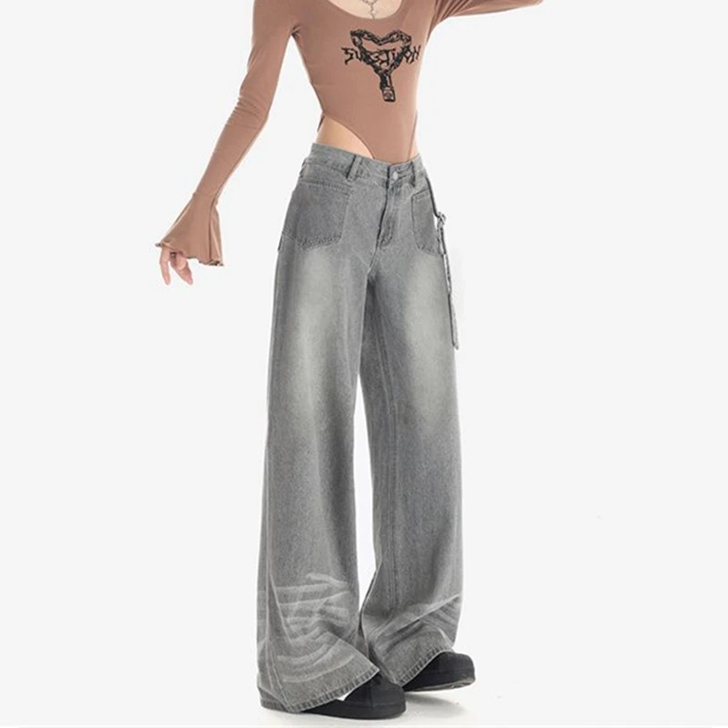 FINEWORDS High Waist Retro Washed Gray Jeans Women Easymatch Korean Wide Leg Jeans Streetwear Harajuku Casual Baggy Jeans