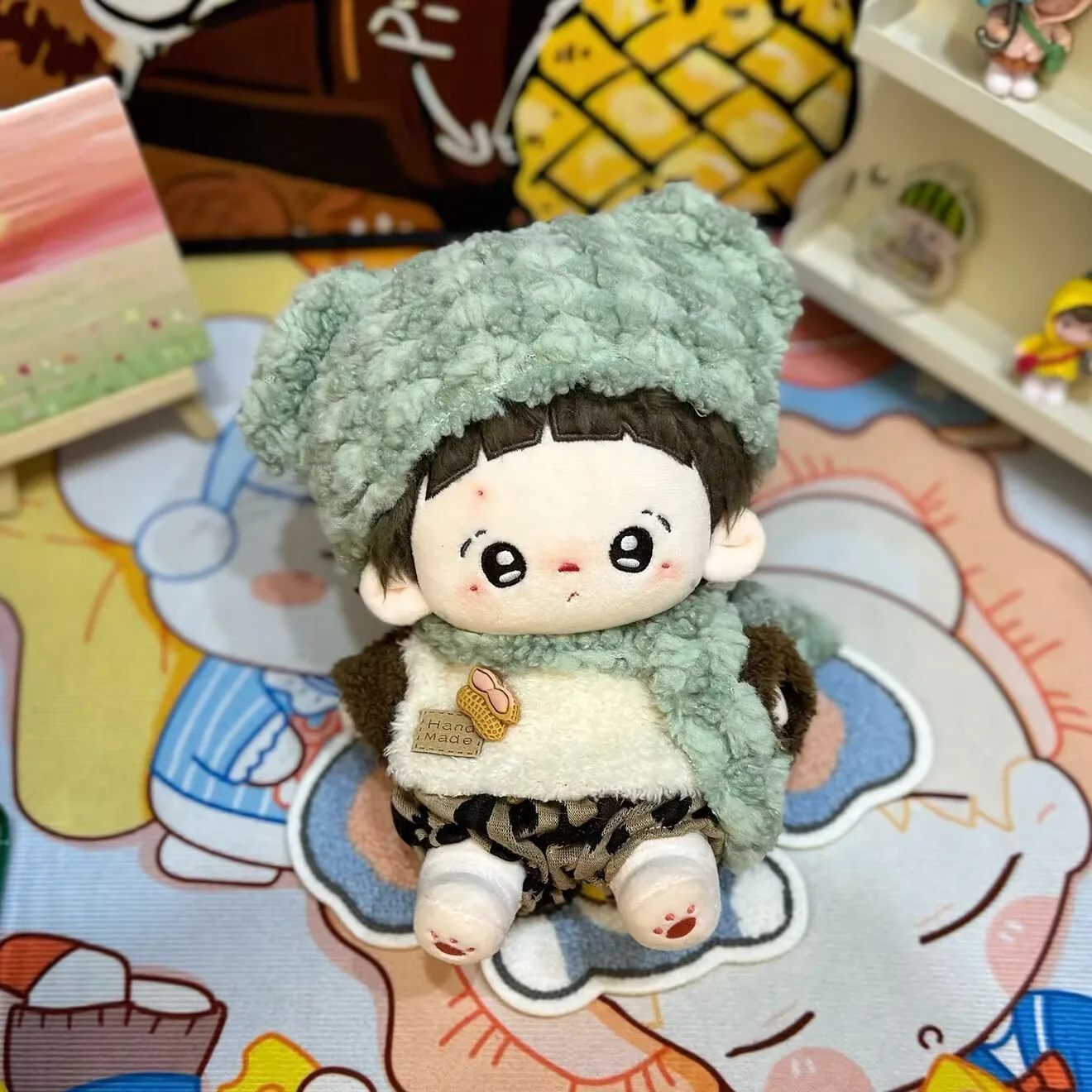 【 Mint Peanut Candy 】 Conjunto de cuatro puntos, traje de muñeca de algodón de 20 cm de forro polar cálido de invierno con gorro y bufanda