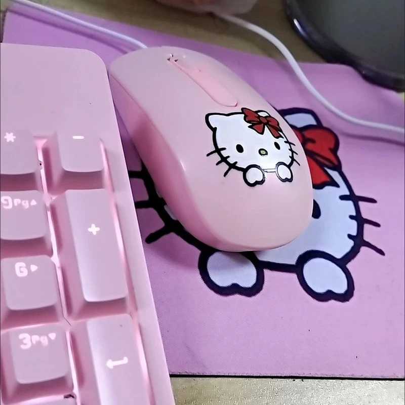 Sanrio Hello Kitty Mouse Pink Kawaii Hello Kitty Wired Mouse Girls Laptop Computer Usb Wired-Mouse Cartoon Anime Office Supplies