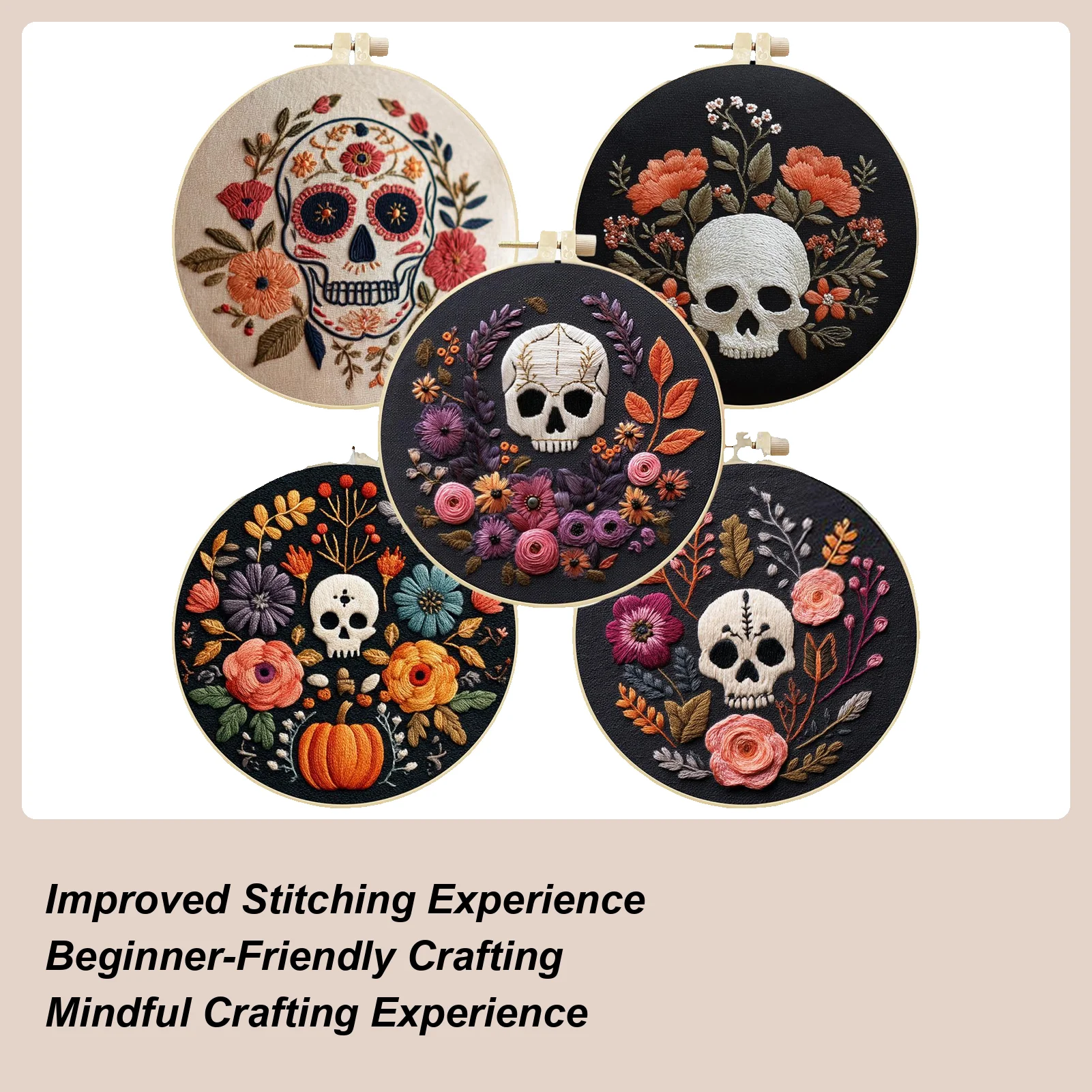 

Наборы для вышивания на Хэллоуин для взрослых, наборы для вышивания с рисунком черепа на Хэллоуин, набор для практики рукоделия, обруч, нитки, ножницы для