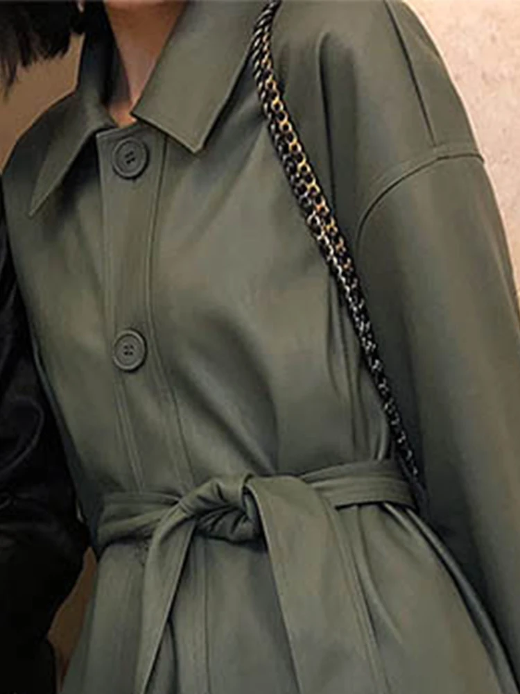 Trench in pelle Pu verde nero lungo autunno inverno primavera per donna fusciacca impermeabile Casual allentato moda coreana