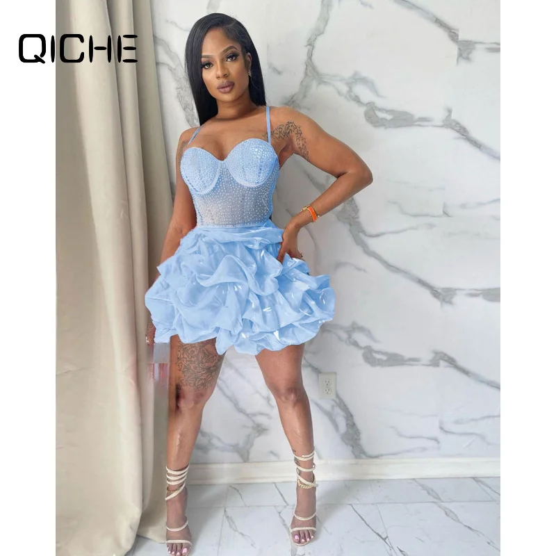 QICHE Women European‑Style Sexy Stretch Rhinestone‑Decor Tiered Ruffled Voluminous Dress Fitted Spaghetti Strap Gown