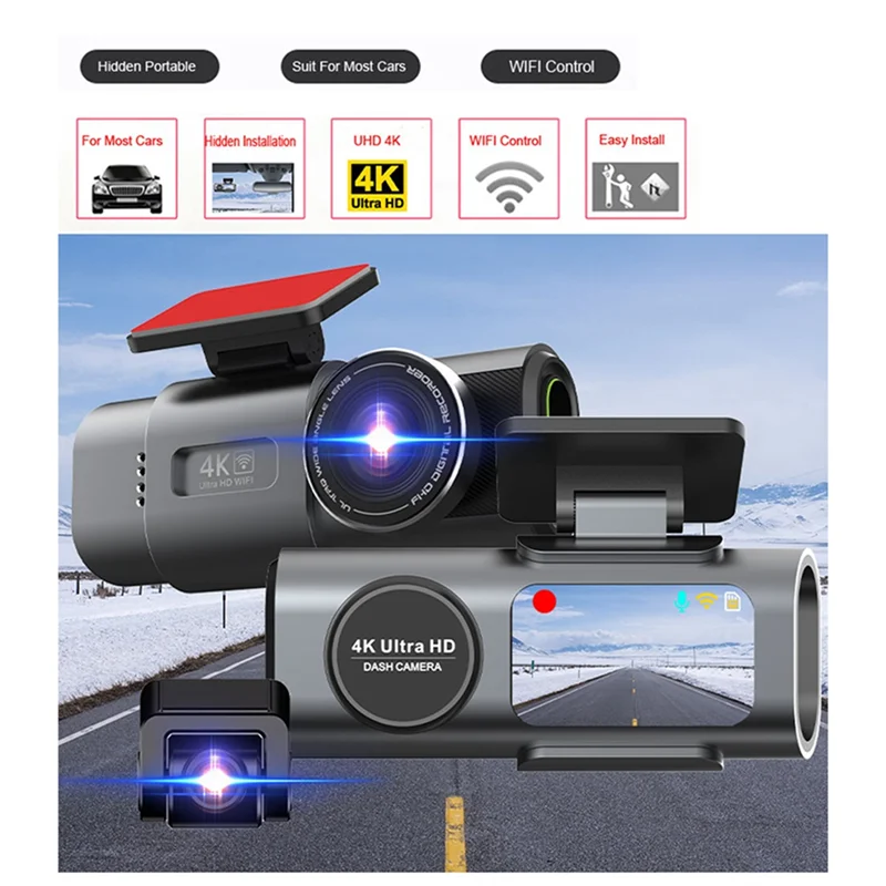 AA08-Dash Cam DVR 4K UHD Videocamera per auto Videoregistratore Visione notturna GPS Doppia lente Wi-Fi integrato Parcheggio 24 ore