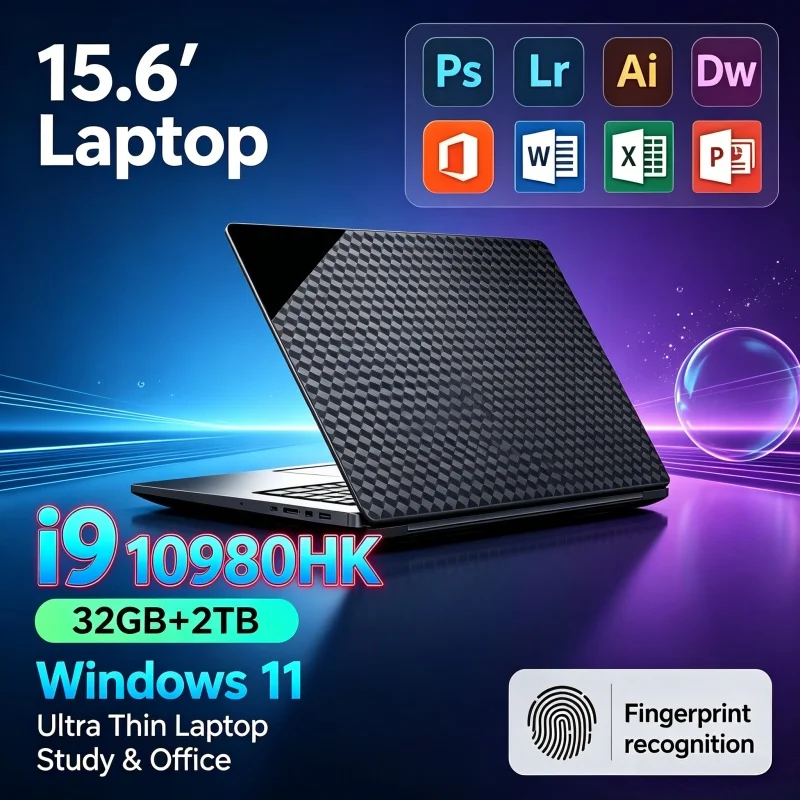 2026 New Ultra Thin 15.6'' Inch Notebook Intel I9 10980HK 32GB RAM 2TB SSD 1920x1080 FHD IPS Windows11 Gaming & Office Laptop