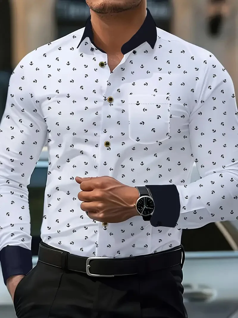 

Spring Men's Long Sleeve Shirt Vintage Fashion Street Flower Texture Print Men's Long Sleeve Flip-over Top