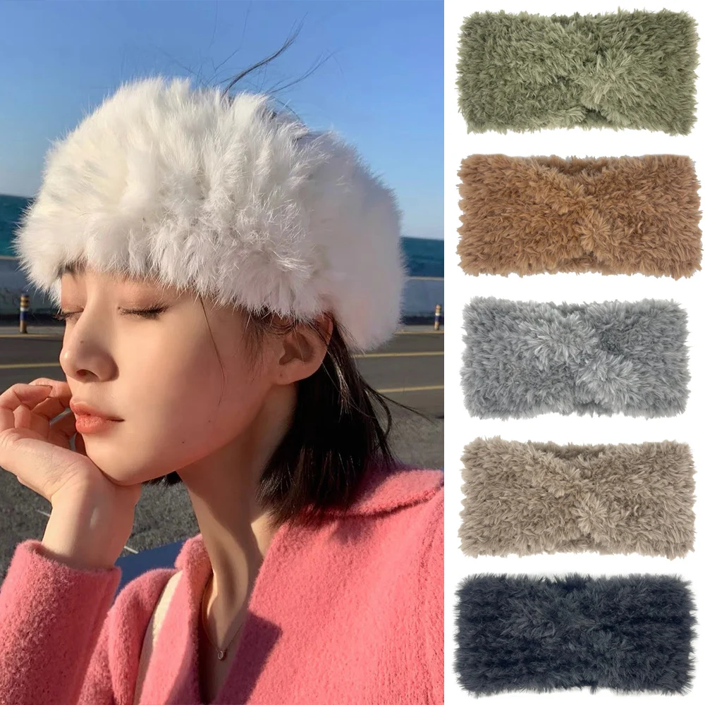 Outdoor Ear Warmer Head Wraps For Women Cold-Proof Faux Fur Furry Hairband Lady Elastic Neck Warmer Turban Fluffy Hair Band