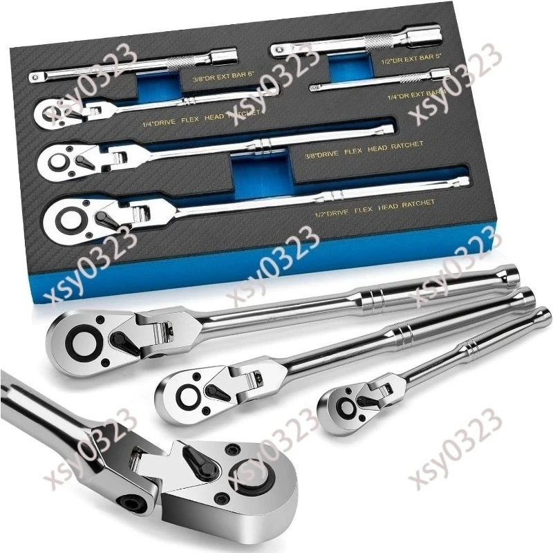 6Pcs Flex Head Ratchet Wrench Set, 1/4 Inch 3/8 Inch Adjustable Swing Head Spanner Hand Tools