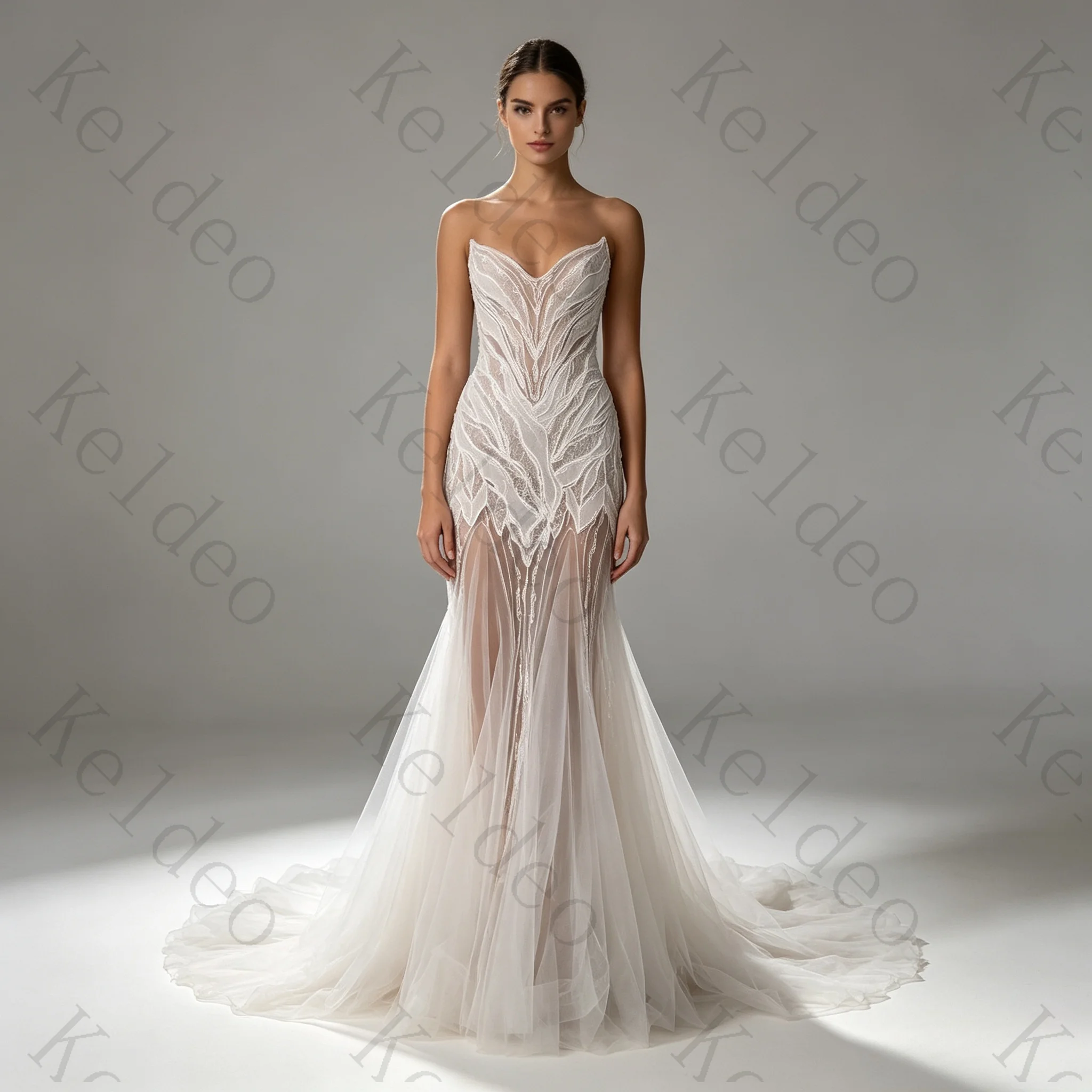 Customized Sweetheart Straight Sleeveless Wedding Dresses Elegant Lace Applique Tulle Draped Open Back Floor Length Bridal Gowns