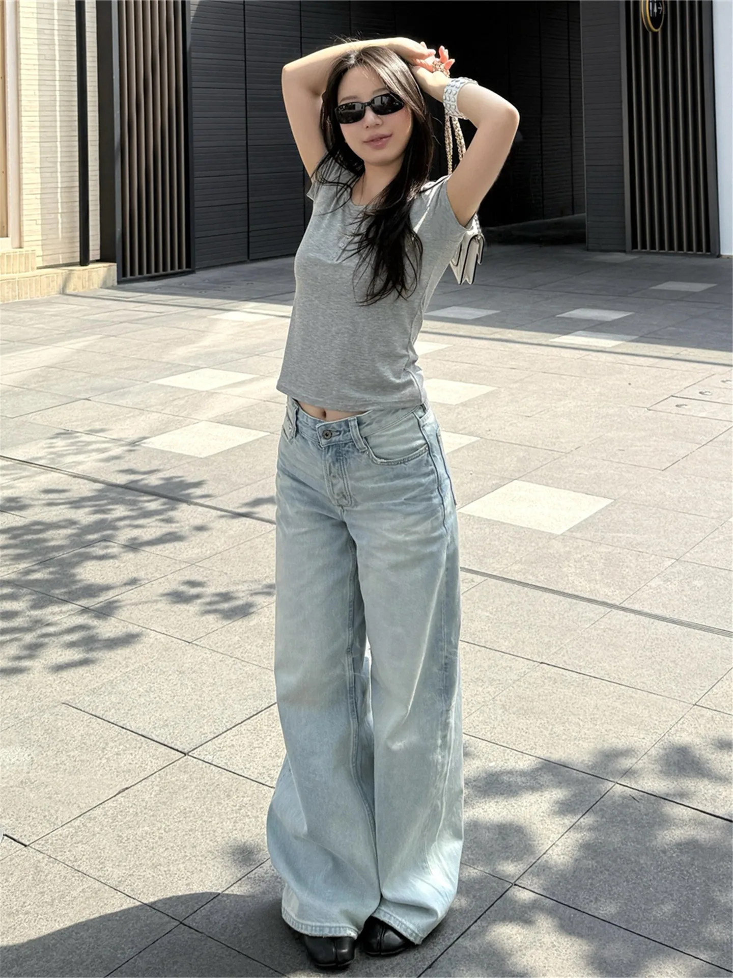 

American Vintage Light Blue Wide Leg Jeans Women's Summer Loose Drapey Tall Extended Straight Leg Pants Casual Cotton Denim