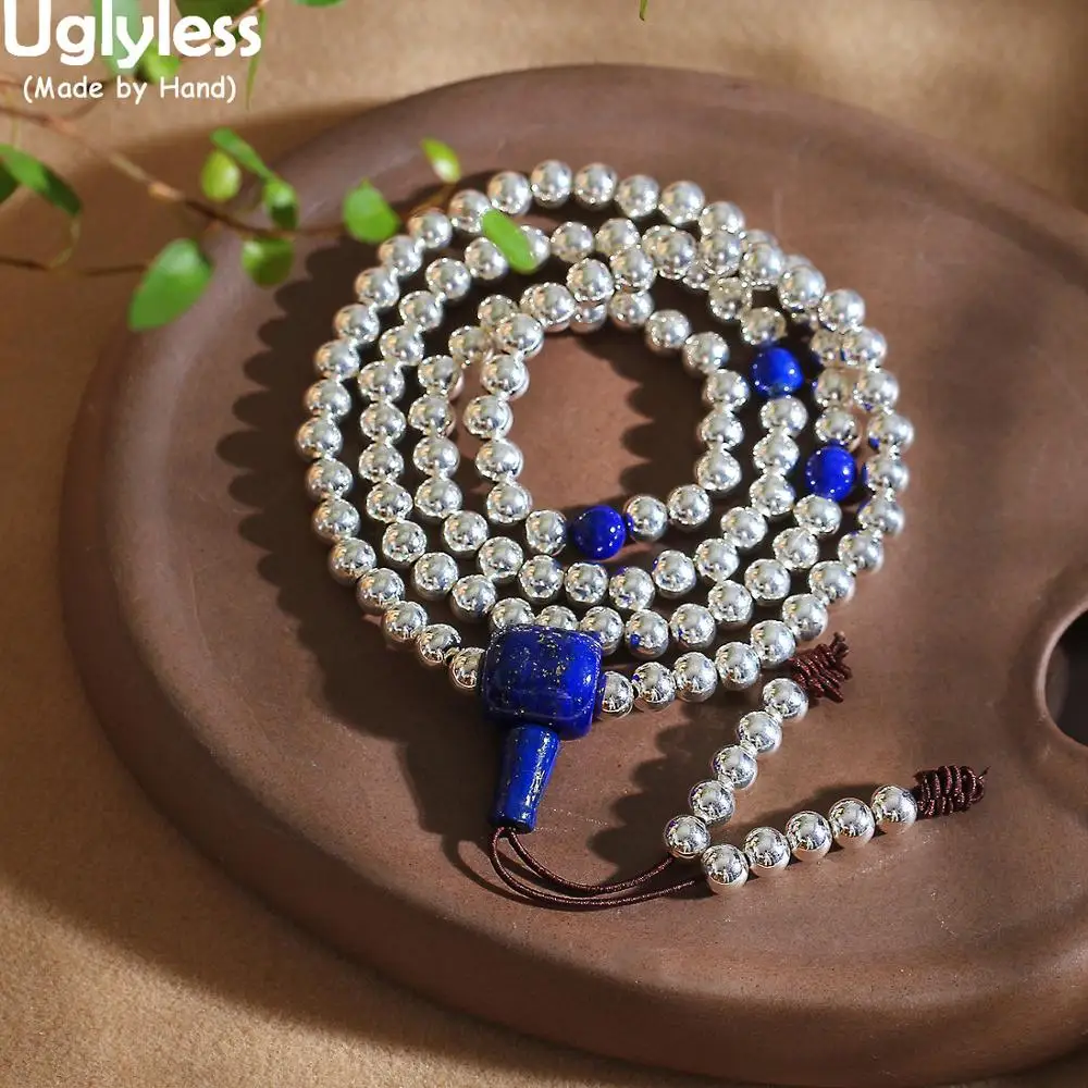 

Uglyless 5MM Thin Glossy Silver Beads Bracelets for Women Real 925 Silver Beading Bracelet Elastic Rope Lapis Fine Jewelry BR308