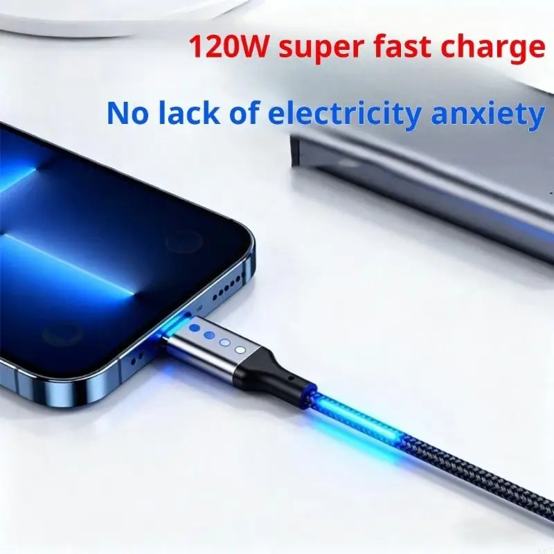 Braided Charging Cord USB to Type C Fast Charging Cable Output with Intelligent Switches and LED Notification 83CF