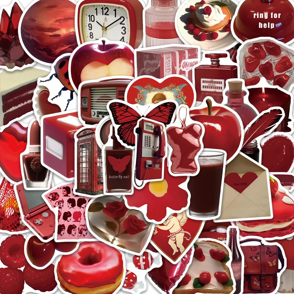 50PCS Retro Red Stickers Exquisite Handbooks Material Phone Cases Laptop Suitcases Water Cups Waterproof Stickers
