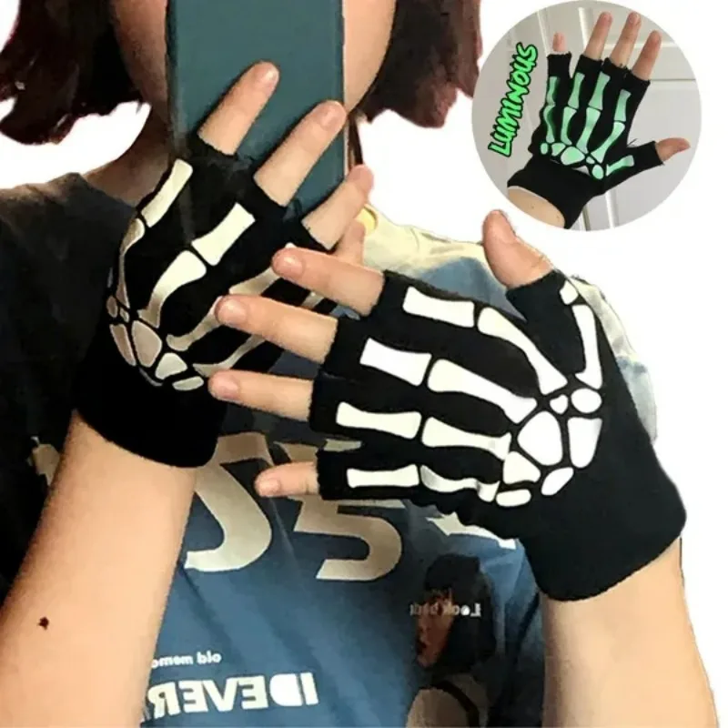 

New Punk Gloves Unisex Halloween Skeleton Skull Half Finger Gloves Glow In The Dark Fingerless Stretch Knitted Winter Mittens