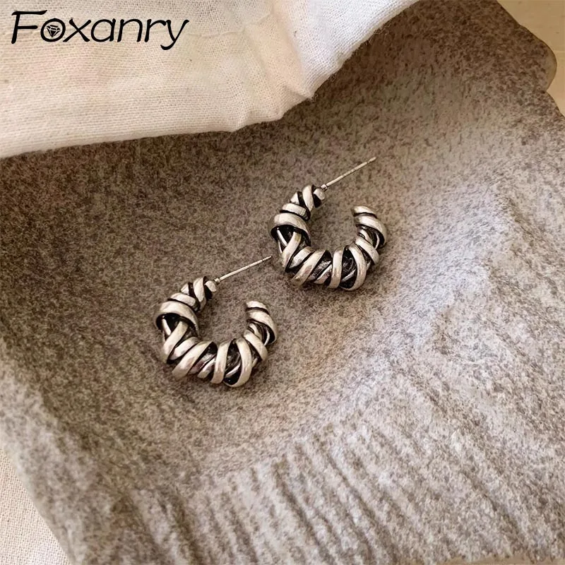 Foxanry Lines Winding C-shaped Stud Earrings For Women Vintage Creative Fashion Simple Prevent Allergy Daily Party Jewelry Gifts