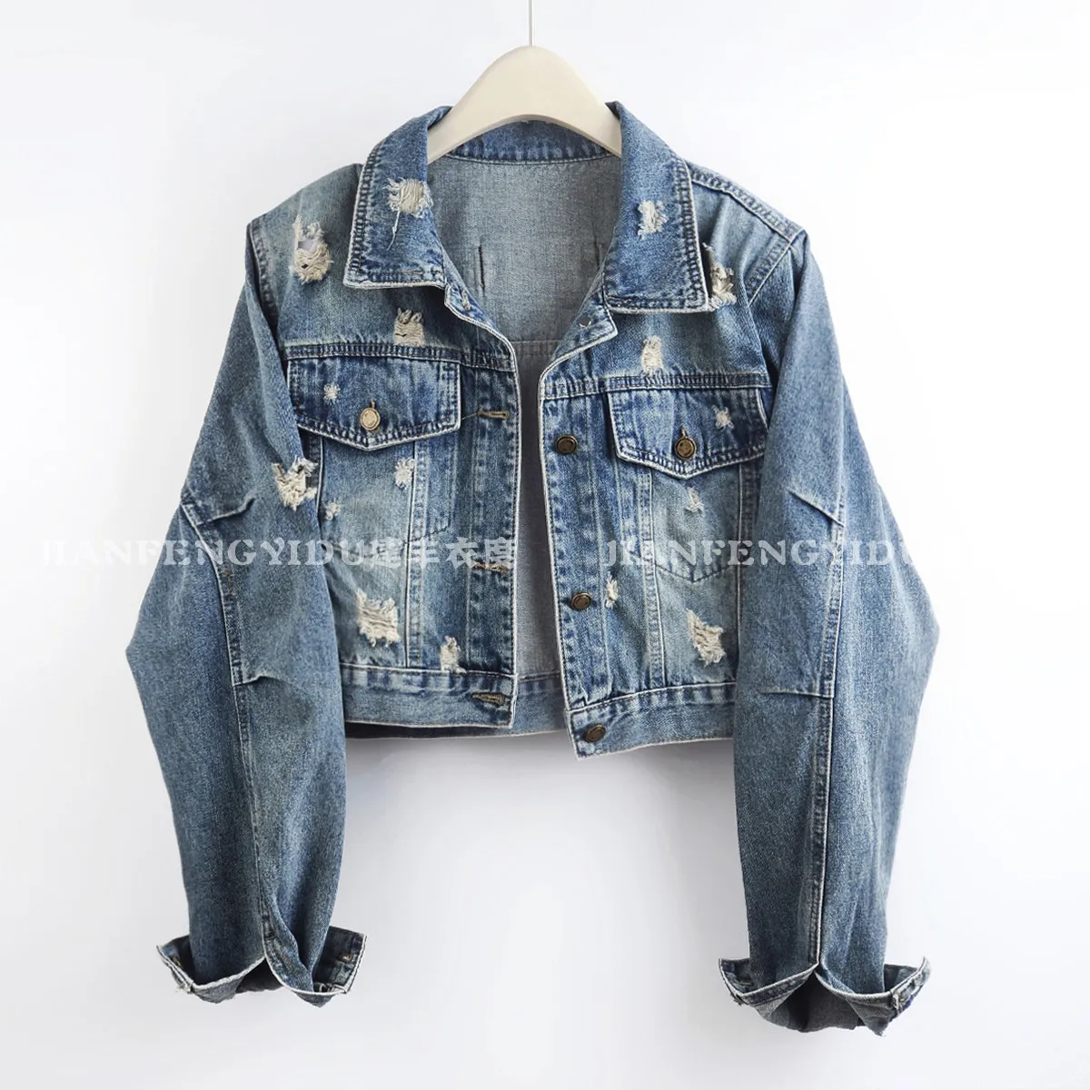 Autumn New Casual Frayed Burrs Hole Denim Coat Women Brown Blue Short Cowboy Outerwear Lapel Long Sleeve Jeans Jacket Streetwear