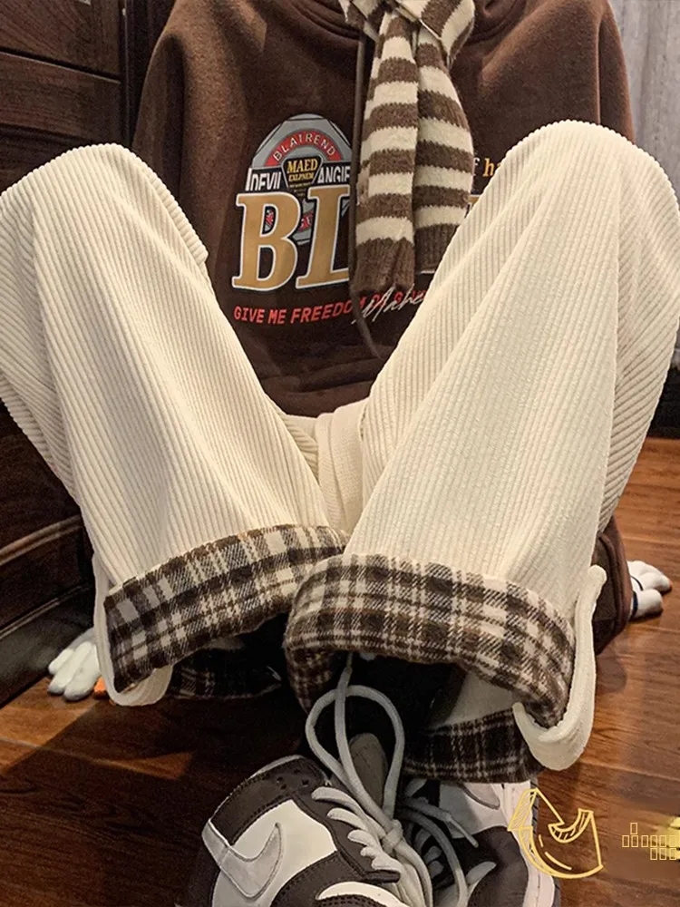 

Men's Corduroy Snowflake Pants Winter Thickened Fleece Workwear Trousers Trendy Loose Straight Leg Cuffed Plaid Pants