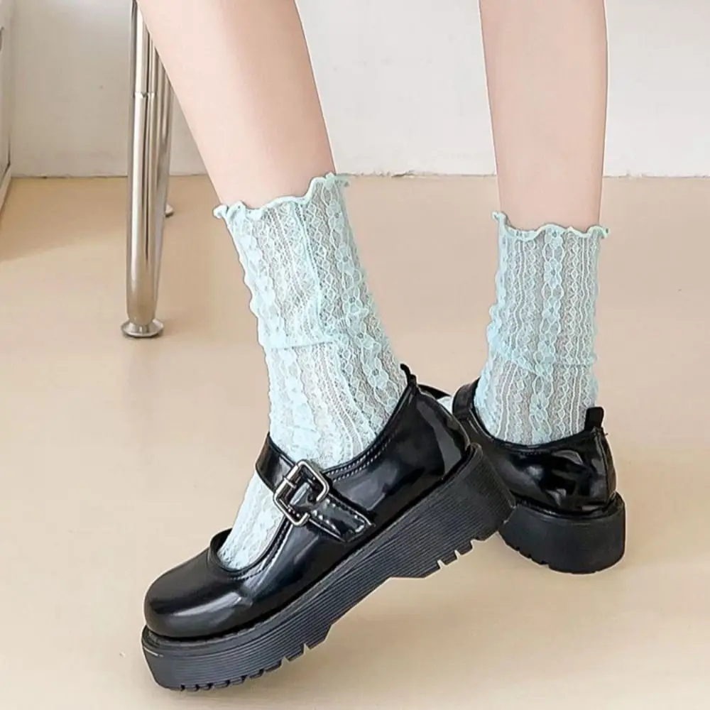 Casual Breathable Elastic Mesh Transparent Thin Wearproof Flower Print Hosiery Women Translucent Socks Korean Lace Socks Cotton