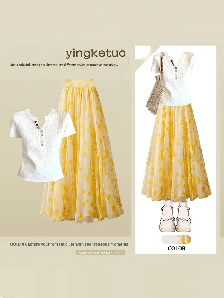 

Summer Floral Print Slimming Half Skirt Set Cover Hip Umbrella Skirt Two Piece Set for plus Size Women V Neck Short Sleeve T ...