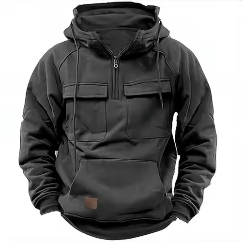 New autumn-winter men's hooded solid-color casual hoodie - fashionable young man's multi-pocket patch hoodie pullover shirt - Image 5