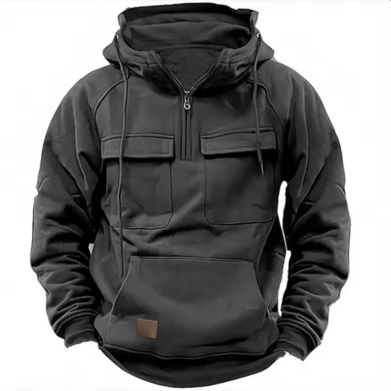 New autumn-winter men's hooded solid-color casual hoodie - fashionable young man's multi-pocket patch hoodie pullover shirt - Image 5