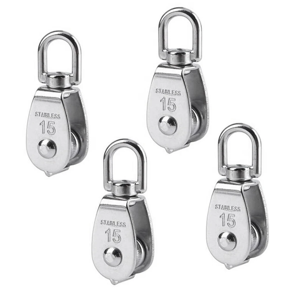 4pcs Stainless Steel Pulley M15 Single Wheel Swivel Lifting Rope Pulley Set Lifting Wheel Tools