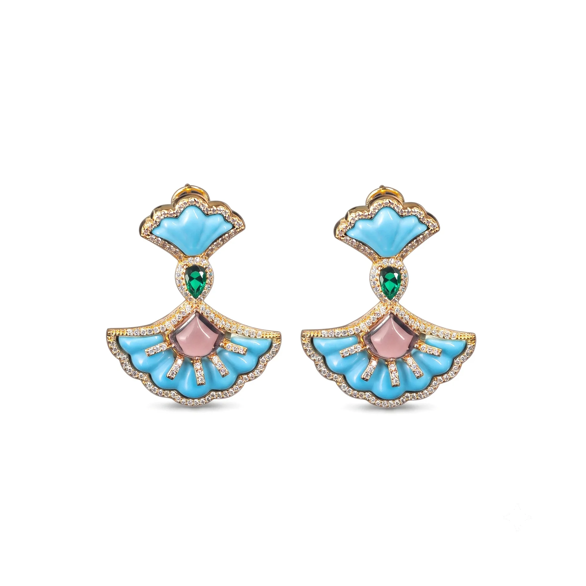 Art Deco Vintage Shell Fan Gold Plated Brass Earrings 3ct Cabochon Amethyst Turquoise fine jewelry for women's banquet gifts