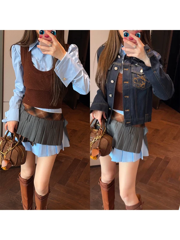 

Джинсовая куртка Mimius College с контрастной вышивкой, имитирующая двухслойную юбку-брюки, с дизайном в стиле пэчворк, короткий рукав.