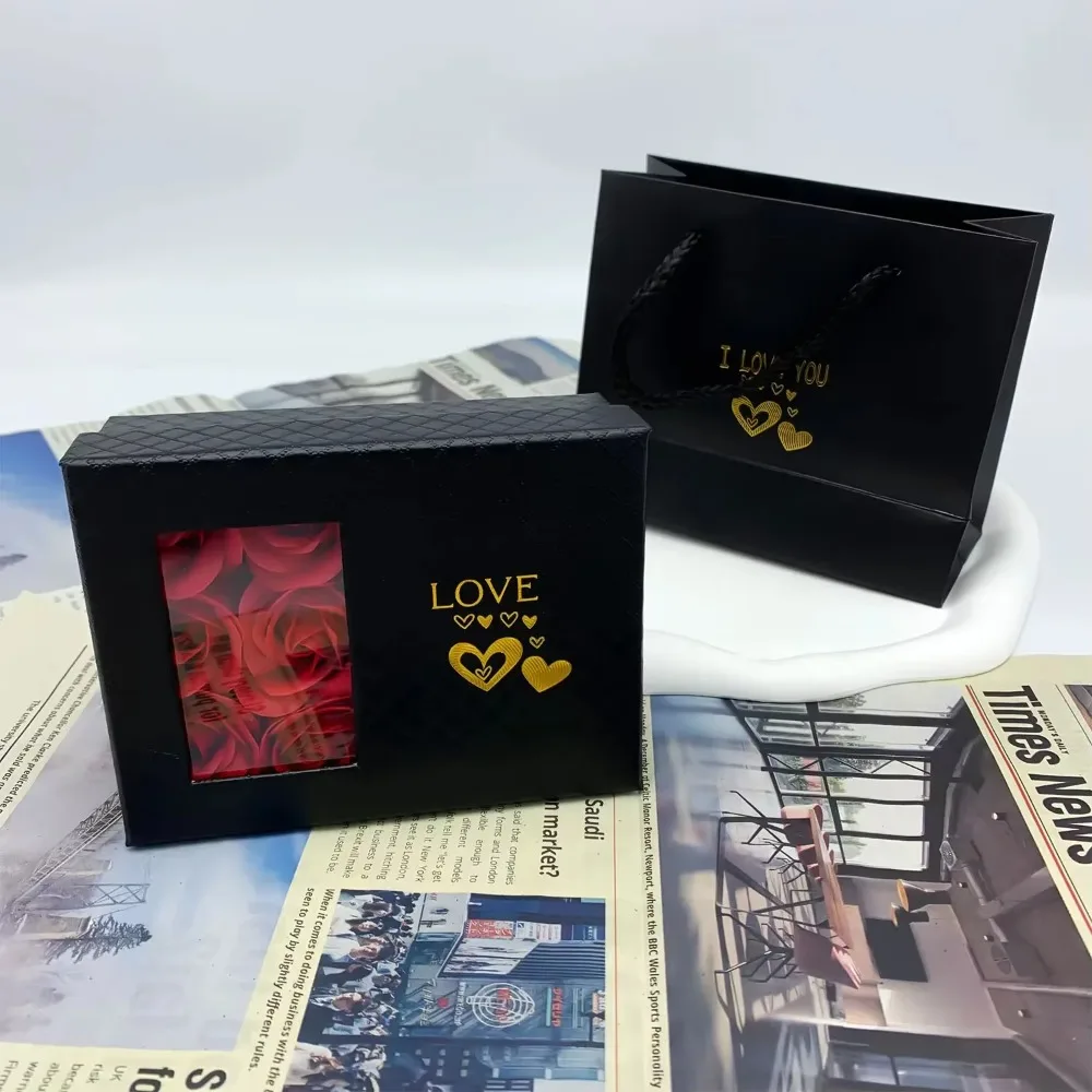 New Valentine's Day Window Opening Jewelry Box Heart Four-leaf Clover Pendant Gift Packaging Box Bag Romantic 6 Rose Box