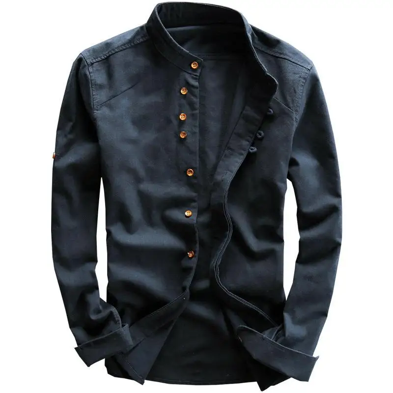 

Men's Linen irt Gentleman's Sle Stand up Collar Button Detail Polyester Fabric Casual Wind Long Sve Thin Model