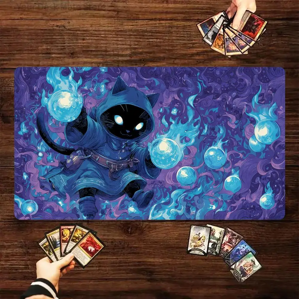 1Pcs Cute Black Cat Wizard MTG Playmat, Non-Slip Rubber Base Washable Cloth Surface TCG CCG Card Game Mat, Large Locked Edge Des