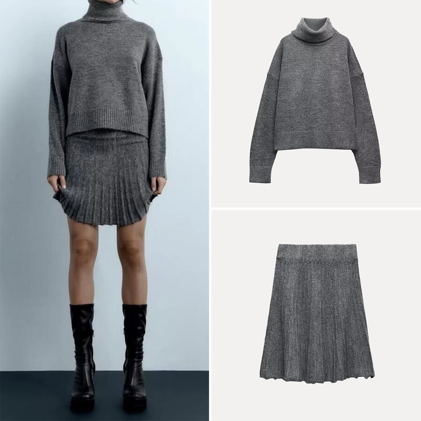 Z Faion Conjunto de falda de punto con cuello alto para mujer Or Sle Long Sve Color de cintura alta Ropa para las cuatro estaciones