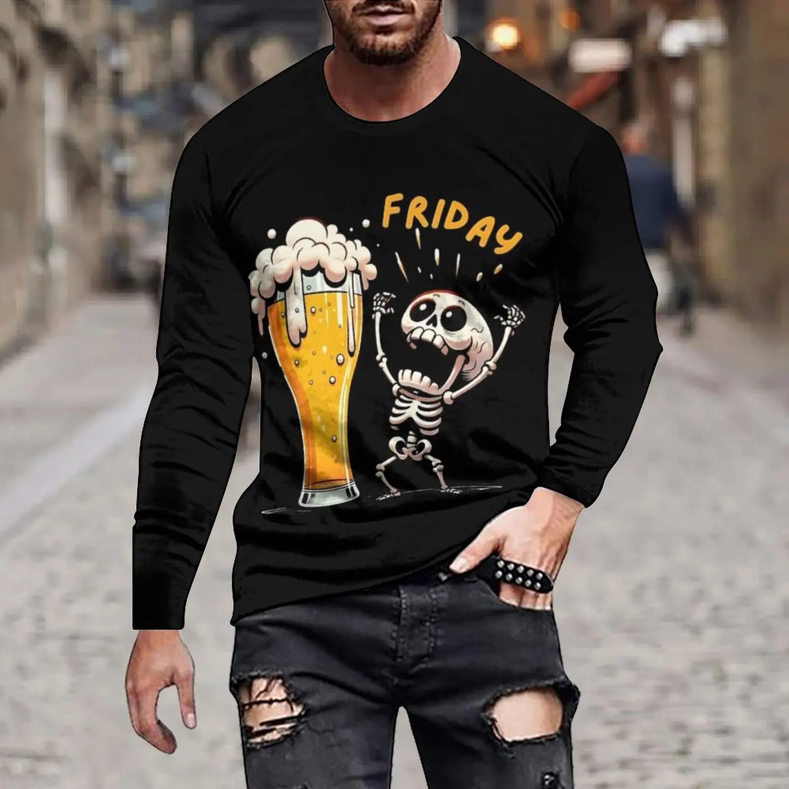 Spring And Autumn Long Sleeve Men Loose Leisure Simulation Simple Irregular Cartoon Cute Printed Round Neck Hoodie