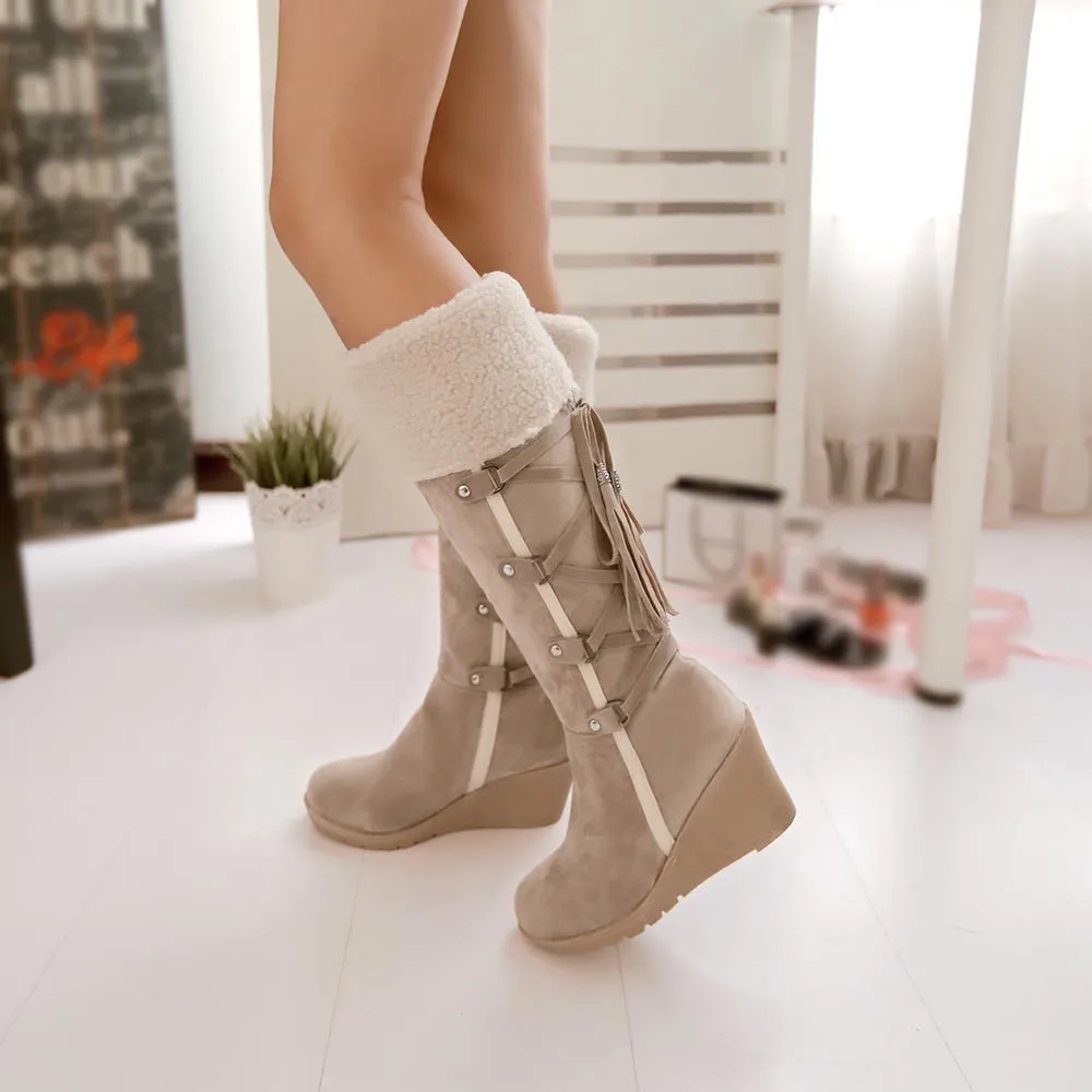 Slip On Winter Boots Women Women\'S After Sanding With Tassels High Boots Sleeves Wedges Snow Boots Leg Warmers Women