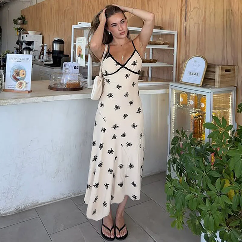 

2025 Elegant Slim Summer Fashion Female Dresses Lace Print Vacation Long Dress For Women V Neck Sexy Spaghetti Strap Dress