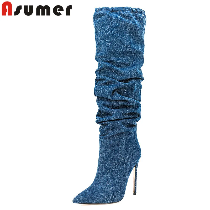 

ASUMER 2023 Size 34-47 New Denim Pointed Toe Winter Boots Slip On Thin High Heels Shoes Street Style Female Over The Knee Boots