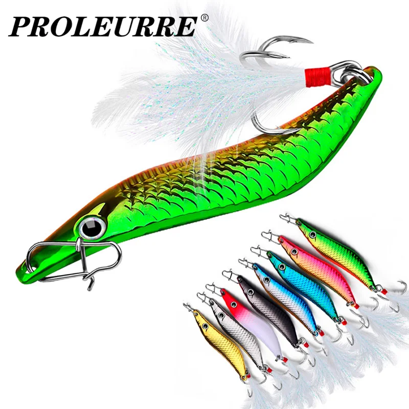 1Pcs Fishing Lure Metal VIB Jig Sequins S-shaped Leech Spinners Spoon Artificial Bait Bass Pike Perch With Feather Hook Tackle