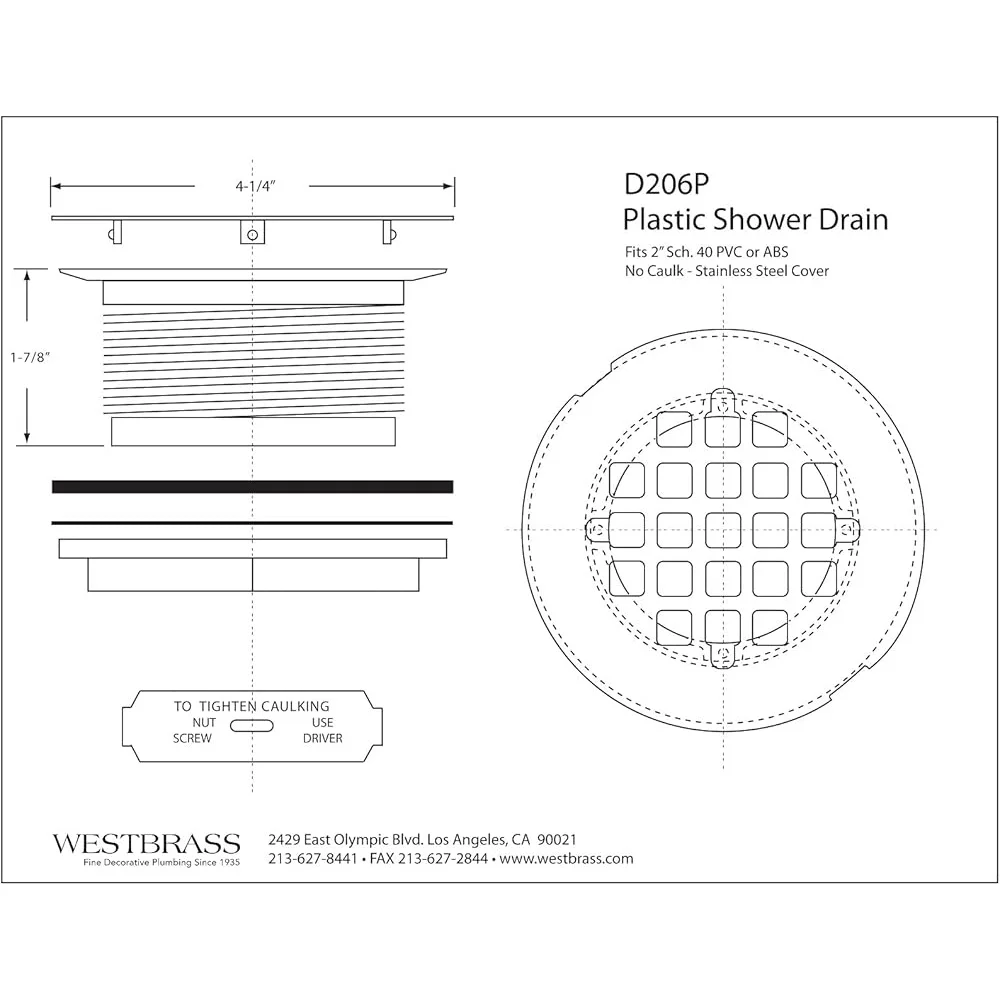 2 Inch No Caulk PVC Compression Shower Drain with Round Grid Cover Heavy Duty Plastic Body ABS PVC Pipes
