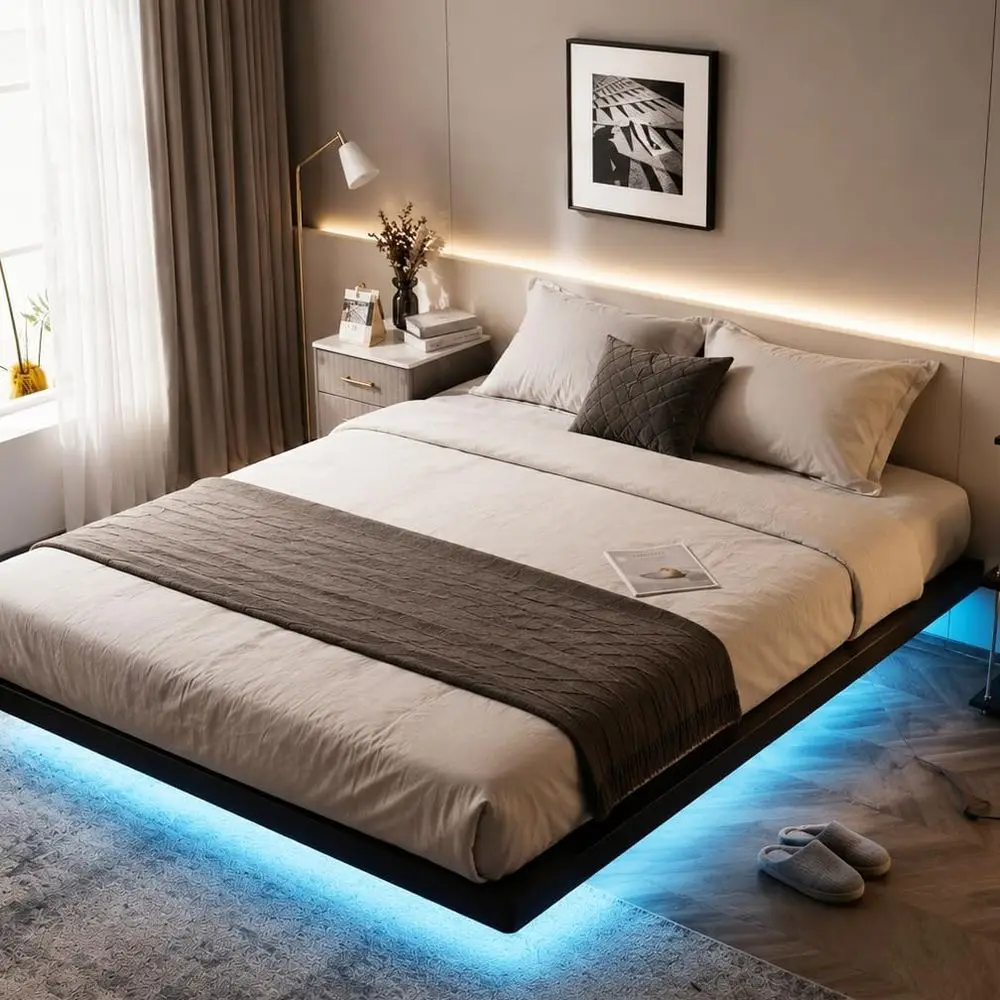

Floating Queen Bed with USB Charging & LED Lights, 14 Platform, Heavy Duty Metal Frame for Adults & Teens, No Box Spring Needed,