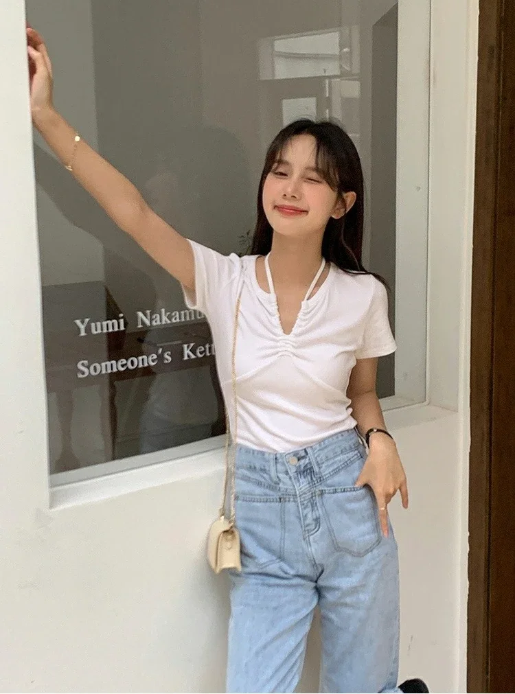 Femmes licou cou haut court v-avant cordon dame t-shirt à manches courtes élégant ajusté haut d'été décontracté solide Design vêtements de mode